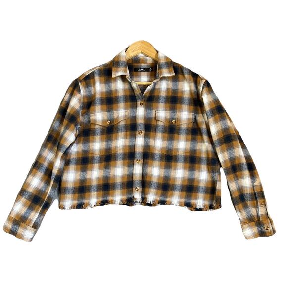 OBEY WORLDWIDE Flannel Shirt Women's Small Tan Blue Cropped Raw Hem Grunge Punk - Picture 1 of 12